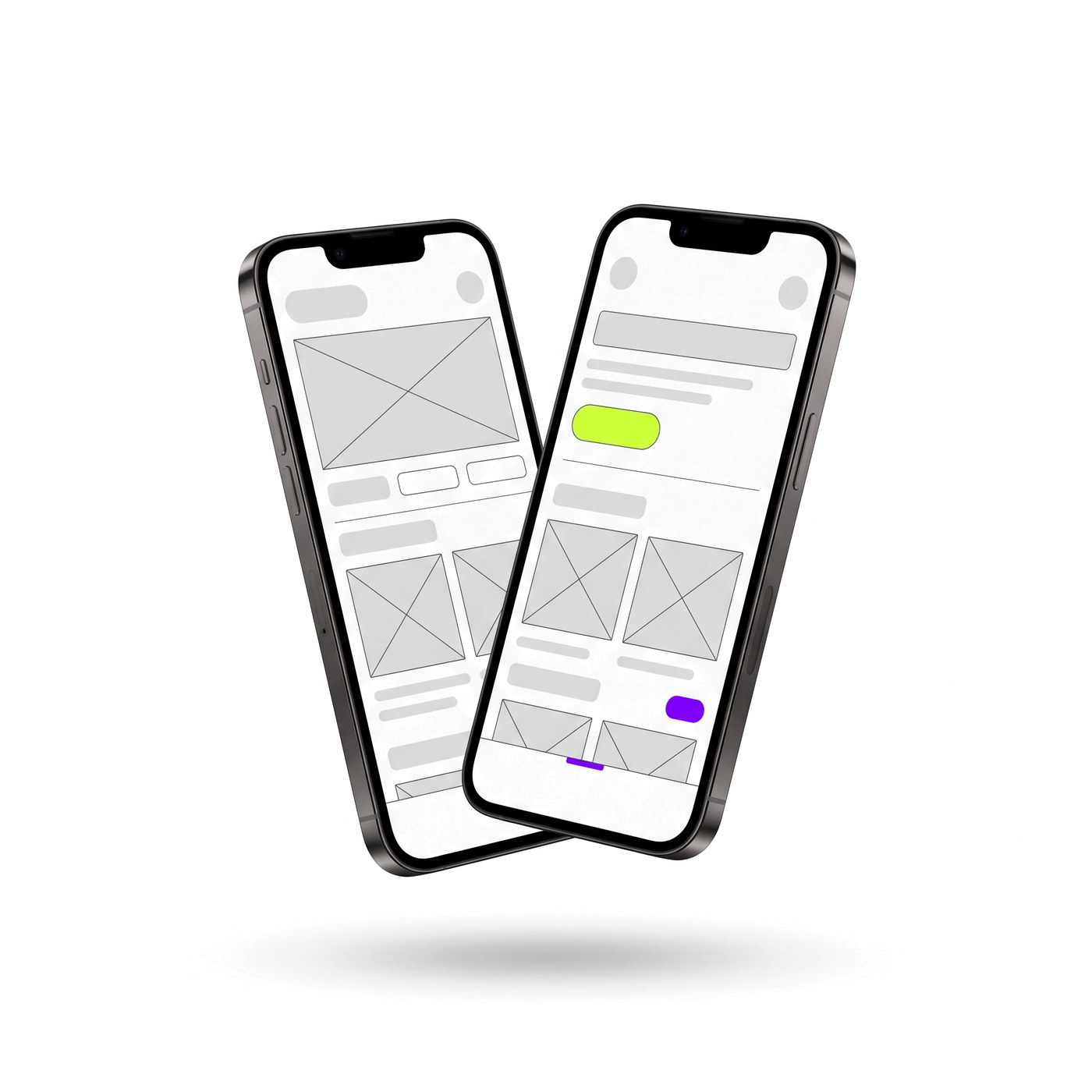 Zwei Smartphones mit unfertigen Wireframes, Platzhalterbild