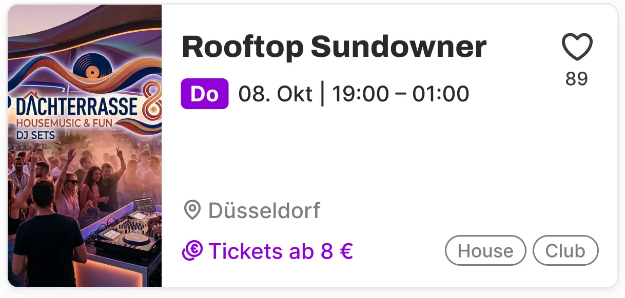 Hi-Fi-Eventkarte „Rooftop Sundowner“ mit Foto, violettem Tages-Badge „Do“ und violett hervorgehobenem Preis „Tickets ab 8 €“
