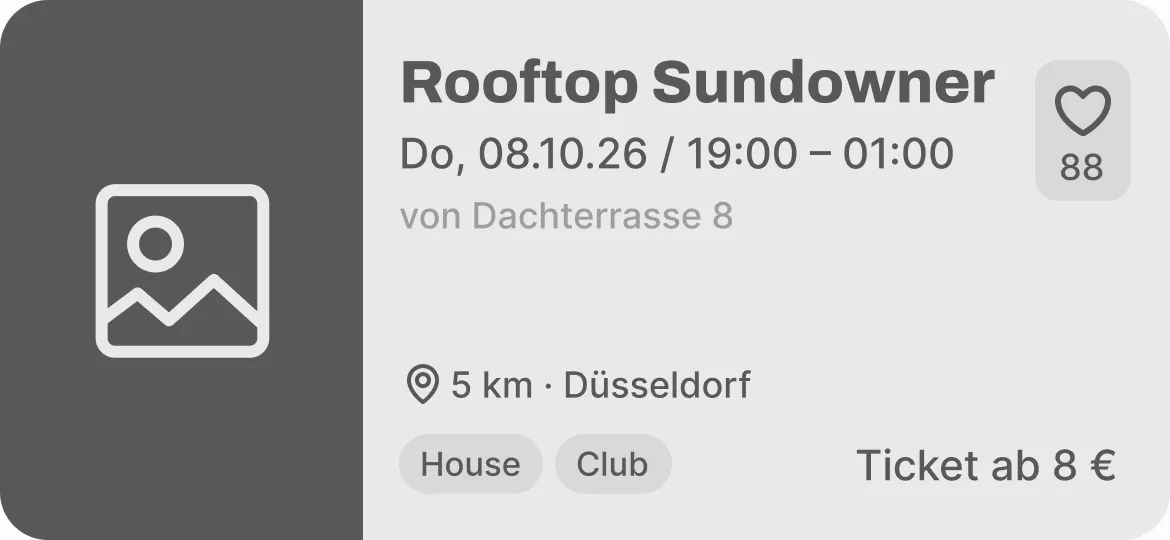 Mid-Fi-Eventkarte „Rooftop Sundowner“ in Graustufen mit Veranstalter, Entfernung und Preis unten rechts