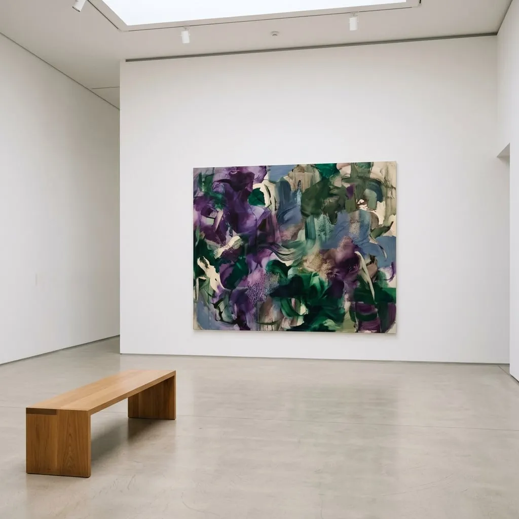 Platzhalterbild: Ausstellungsraum mit einem abstrakten Gemälde und einer Holzbank
