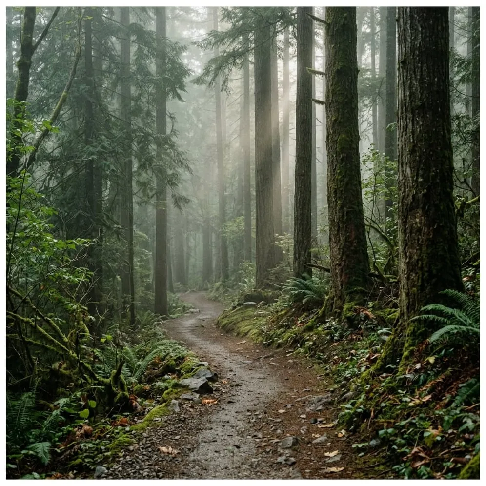 Platzhalterbild: Waldweg im Morgennebel