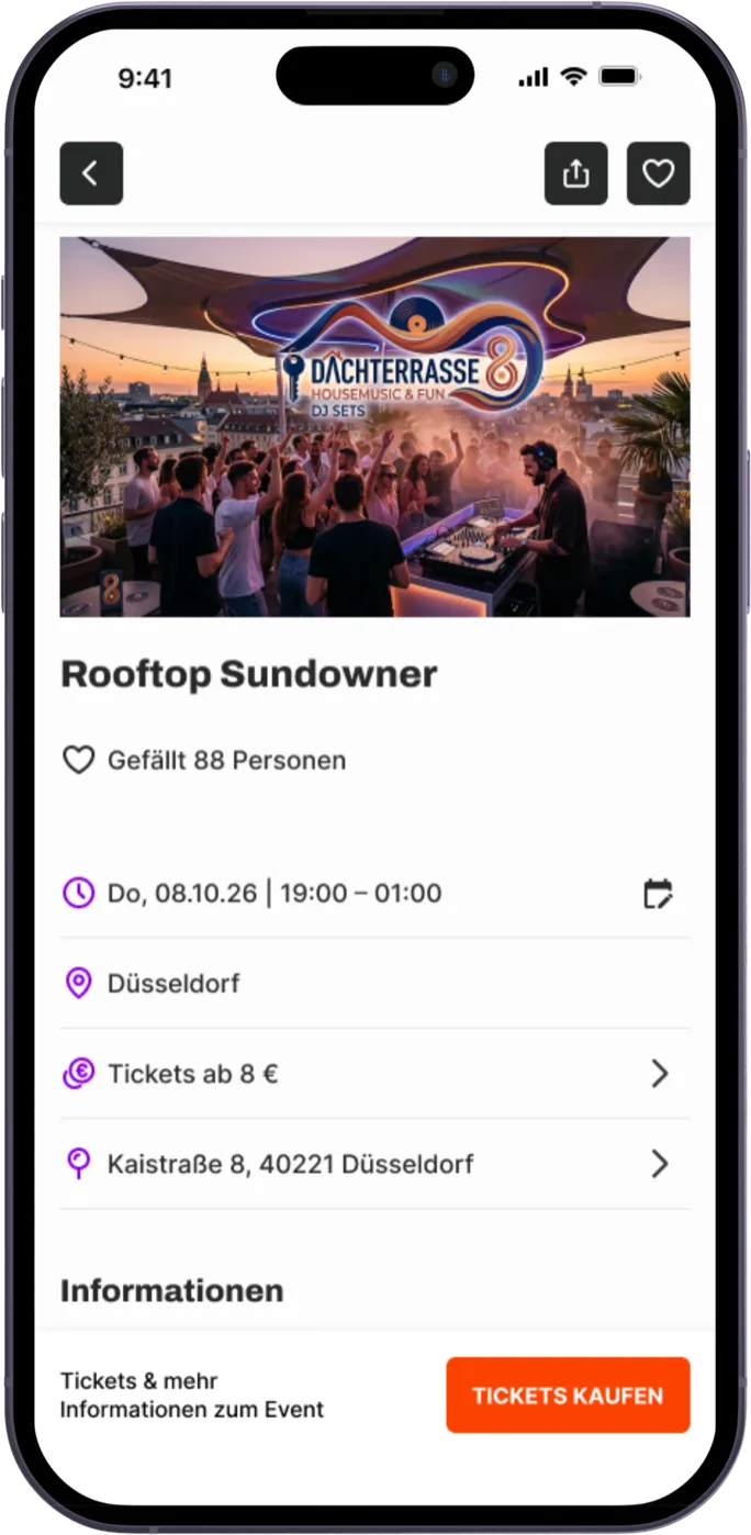 Nachher: Hi-Fi-Eventdetailseite mit tippbarer Preiszeile „Tickets ab 8 €“ und einer Aktionsleiste mit „Tickets kaufen“ ohne Tab Bar