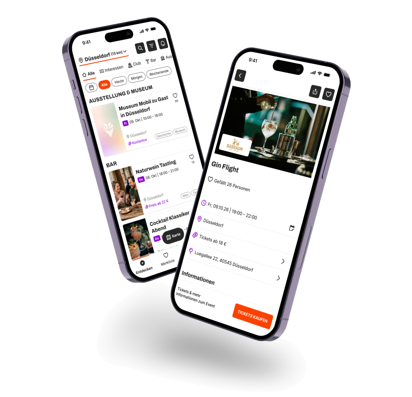 Zwei Smartphones mit der Lokal-Los.-App, links die Eventübersicht, rechts eine Eventdetailseite