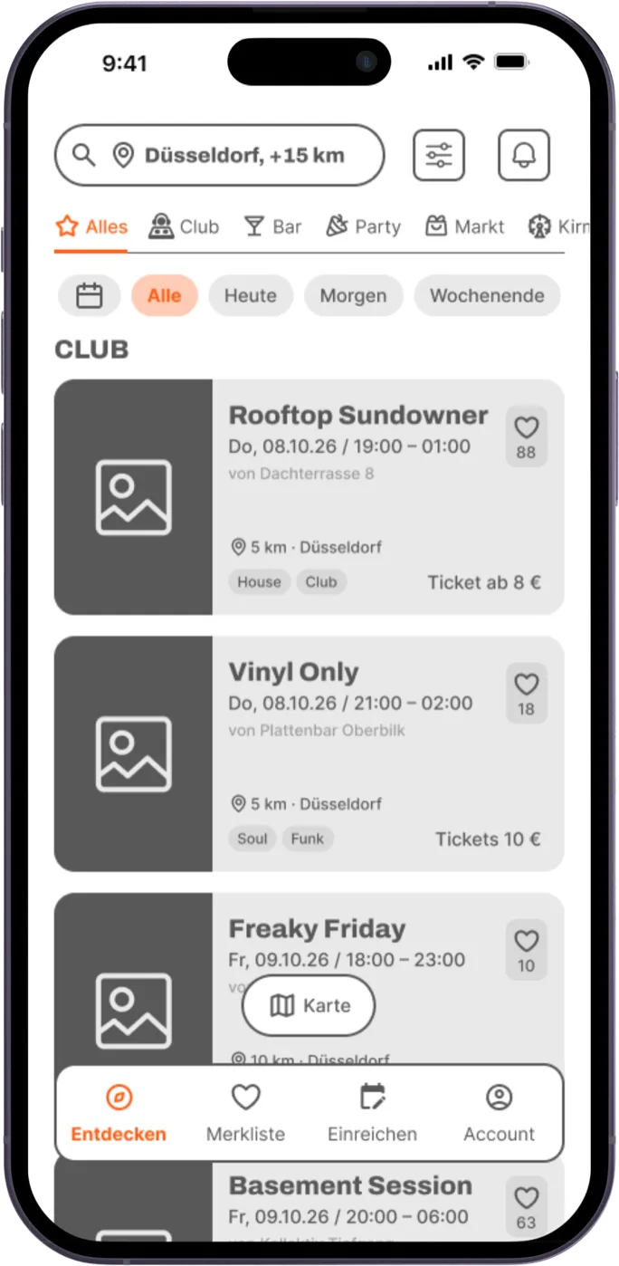 Mid-Fi-Screen „Entdecken“ mit Suche, Kategorien und Eventliste in Graustufen