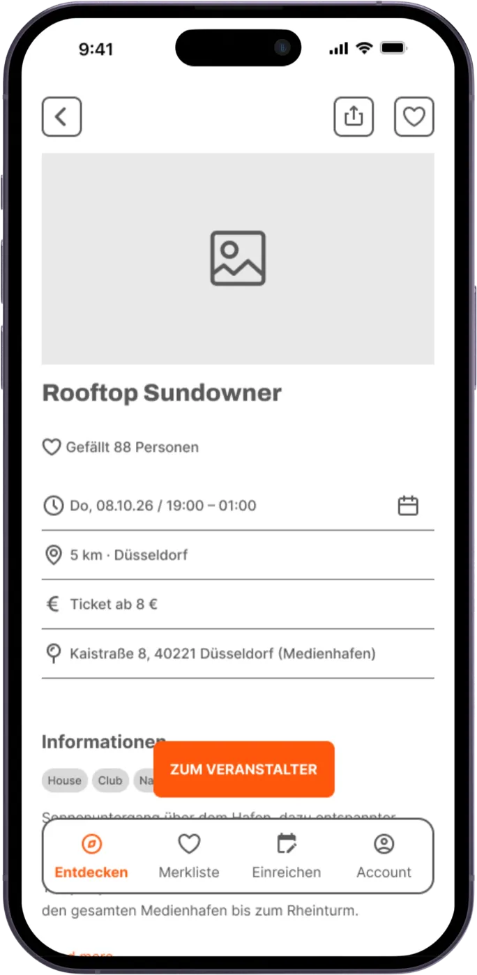 Mid-Fi-Eventdetailseite mit Datum, Ort, Preis und dem Button „Zum Veranstalter“ über der Tab Bar