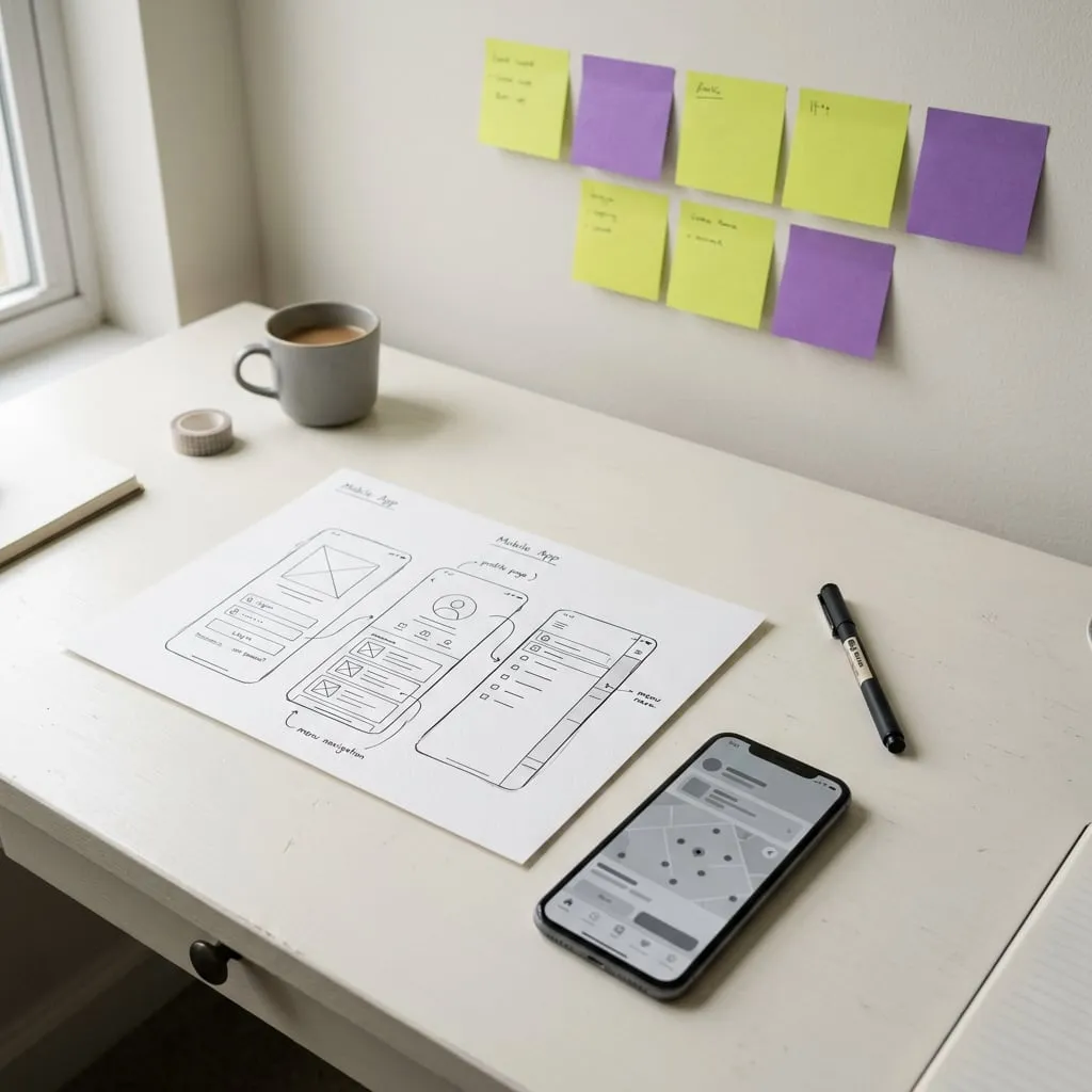 Platzhalterbild: Schreibtisch mit Wireframe-Skizzen, Smartphone und Haftnotizen an der Wand
