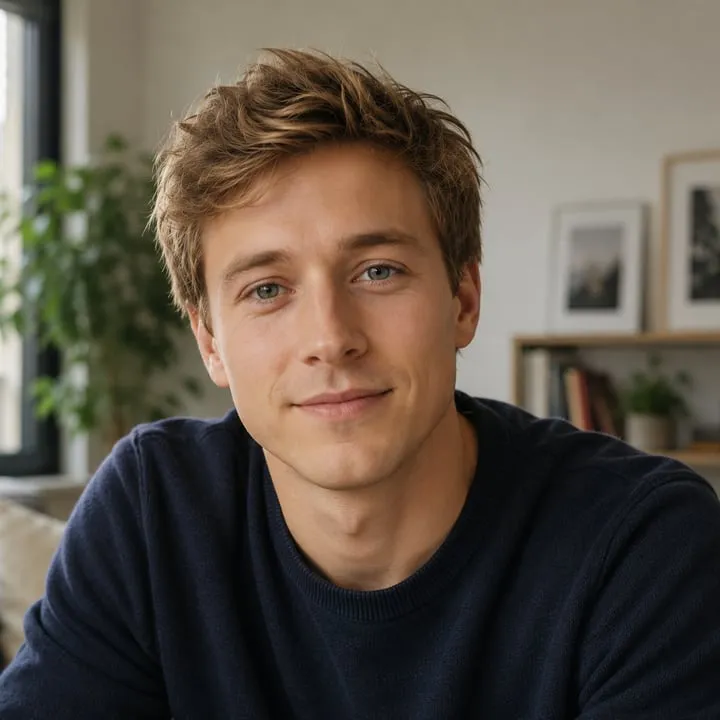 Illustratives Persona-Bild: junger Mann im dunklen Pullover in einer Wohnung