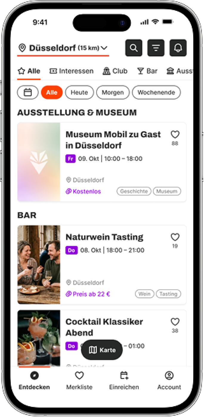 Hi-Fi-Screen „Entdecken“: oben Stadtwahl, Suche, Filter und Kategorien, darunter die Eventliste, unten Kartenbutton und Tab Bar