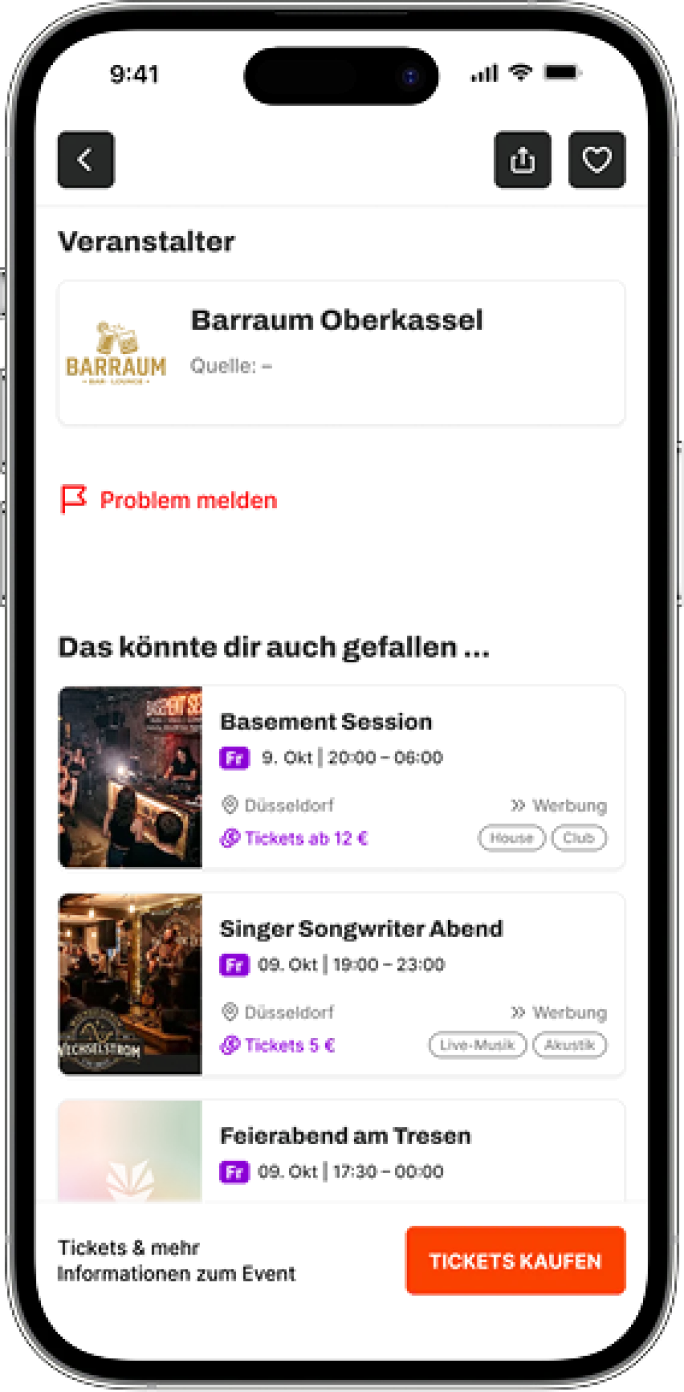 Eventdetailseite ganz unten: Veranstalter mit Quelle, „Problem melden“ und ähnliche Events als Empfehlungen
