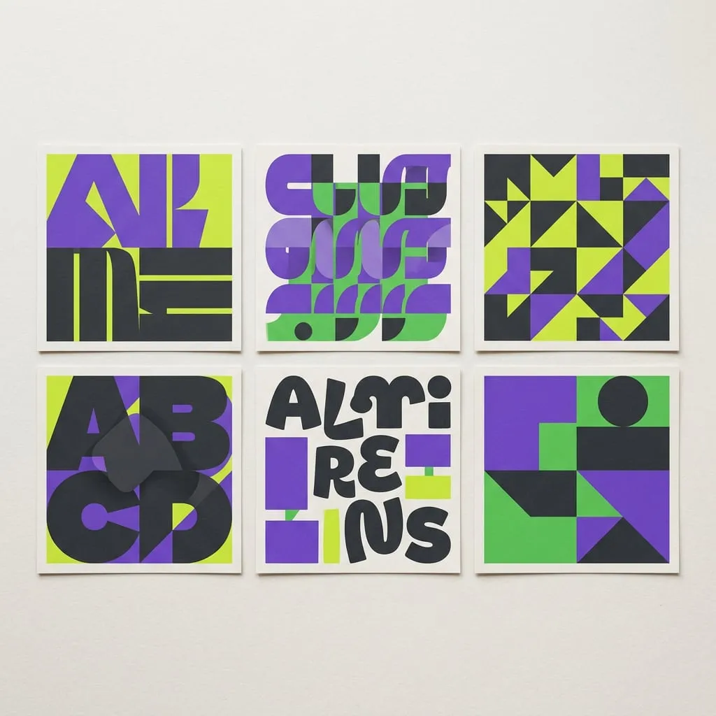 Platzhalterbild: sechs quadratische Social-Media-Grafiken in Lime, Violett und Anthrazit