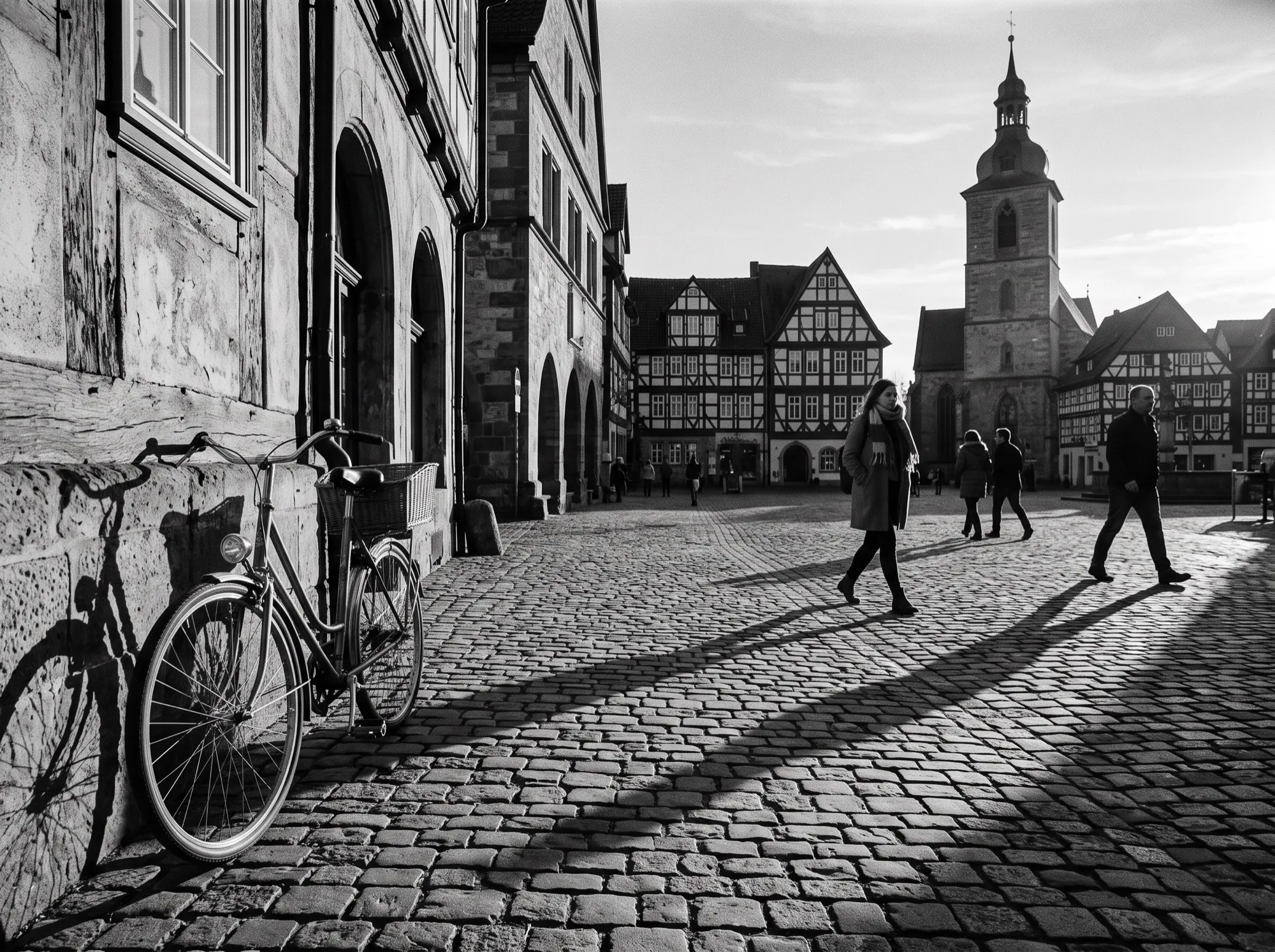 Platzhalterbild: Schwarz-Weiß-Foto eines Marktplatzes mit langen Schatten